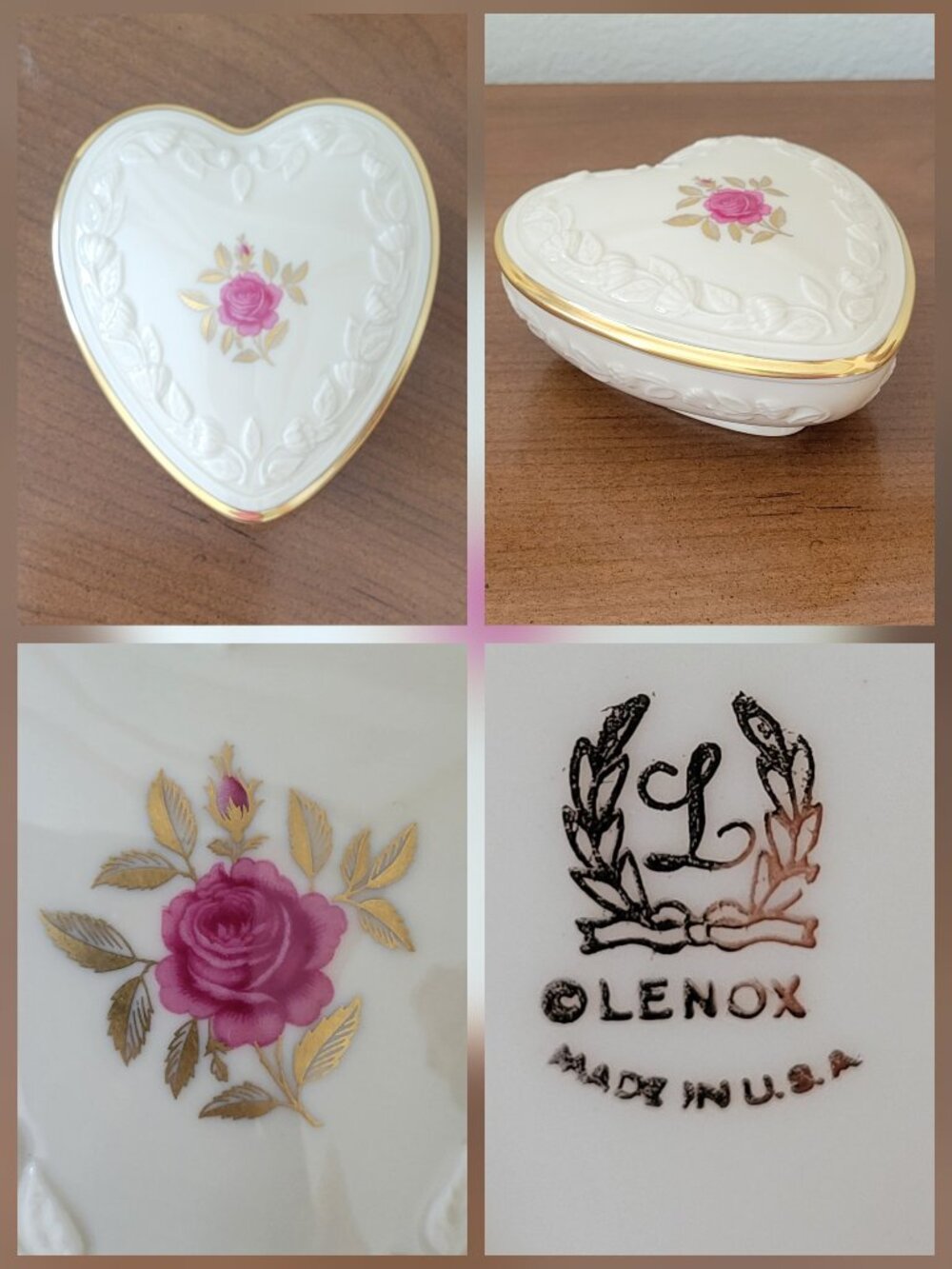 Vintage Lenox Rhodora Heart Trinket Box Pink Rose 24K Gold Trim Made in USA